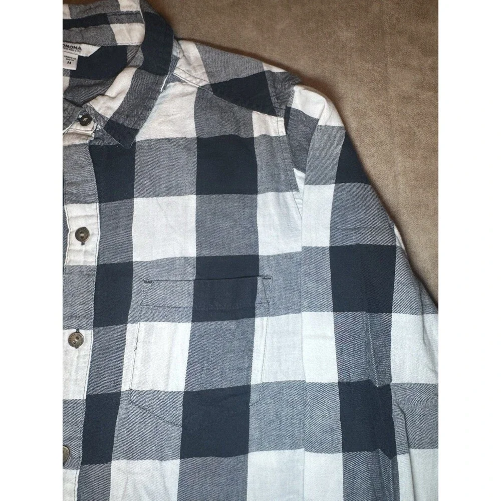 Sonoma Womens Black Plaid Shirt Plaid Long Sleeve Collared Size MEDIUM